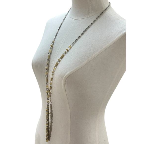 Silvertone Beaded Necklace 34 Inch 5 Inch Drop Cream Beads - Picture 6 of 9